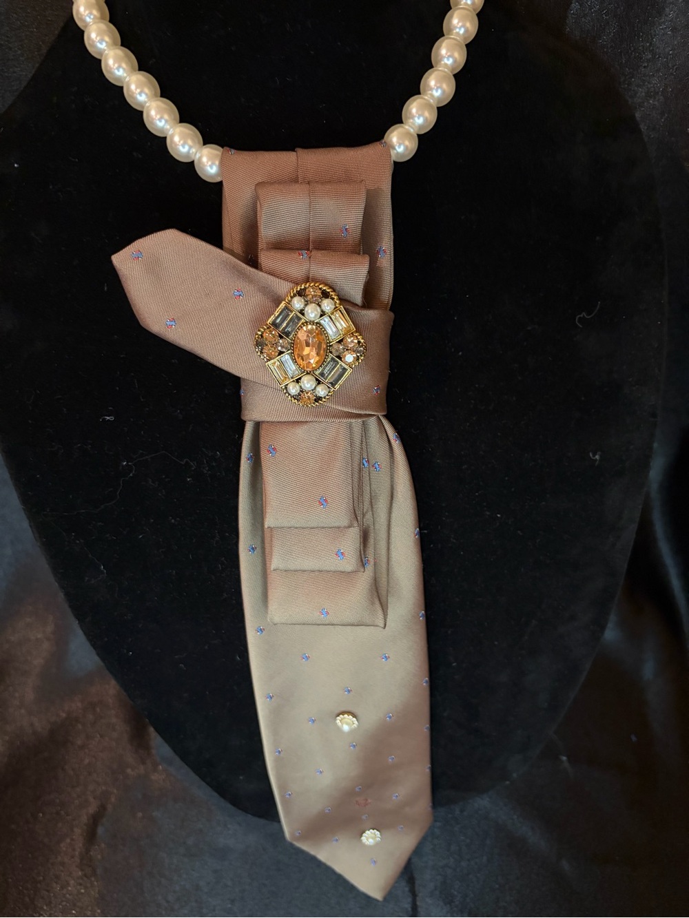 Dior Taupe Satin Tie Pendant with Gem Brooch